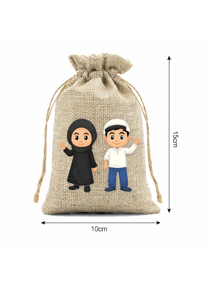 12 Crescent Moon Jute Candy Bags – Perfect treat gift bags for boys and girls for festivals, suitable for everyday use and party décor (patterns are randomly assorted) - Image 5